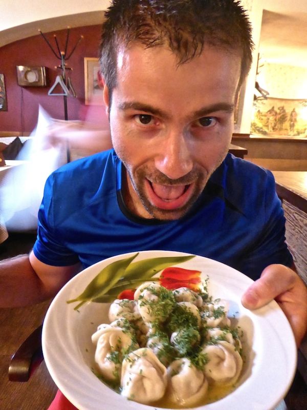 Seb about to go face down in a plate of pilmeni