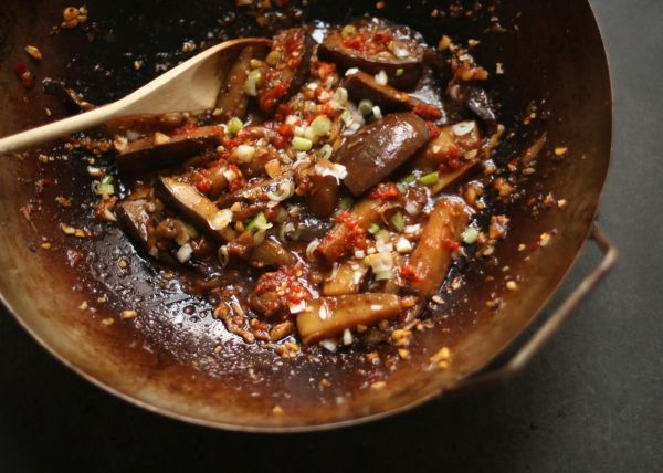 Chinese stir fried aubergines cooked in Yangshuo sauce