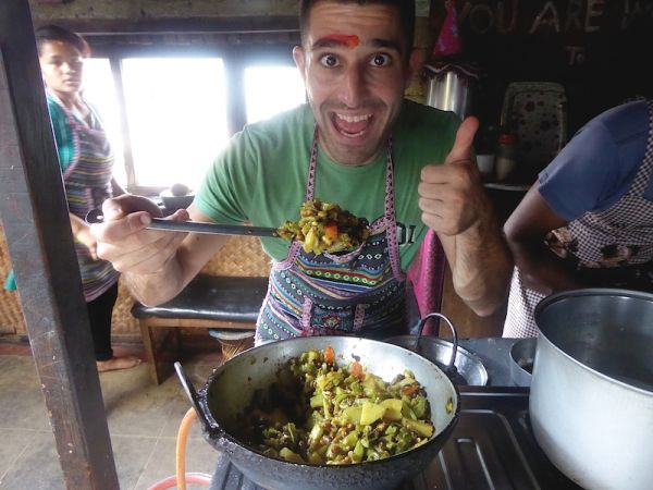 Stefan making the tarkari vegetable curry