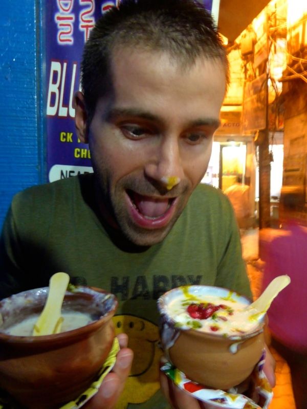 Sebastien enjoying a tasty sweet lassi in Varanasi