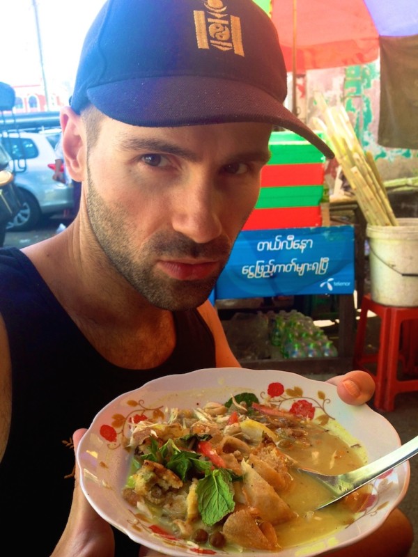 Burmese food: Sebastien with samosa salad