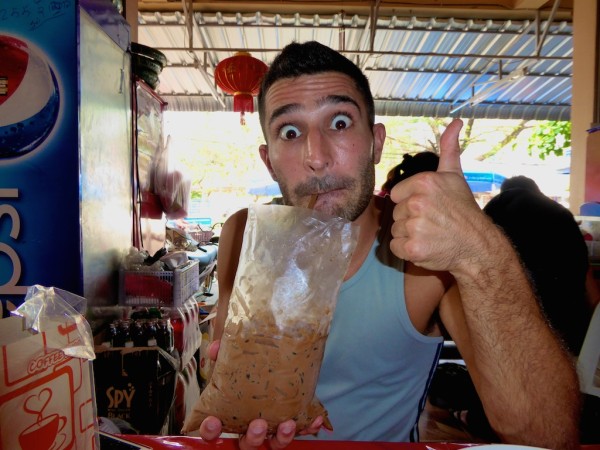 Iced coffee in a plastic bag