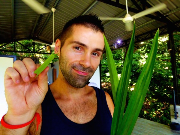 Sebastien with pandan leaves